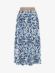 Jupe fluide longue à imprimé feuillage stylisé - Marine - 1
