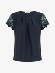 Top droit manches courtes en dentelle - Marine - 1