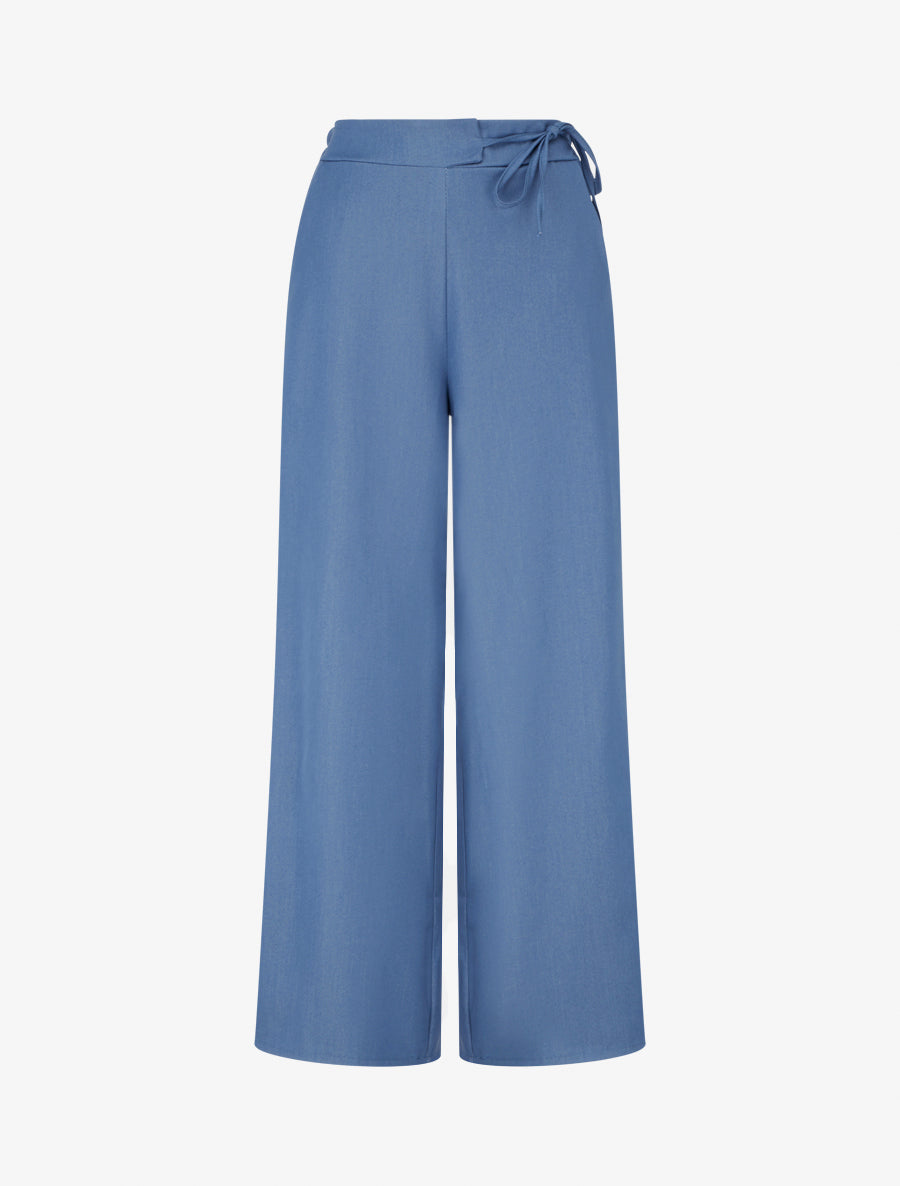 Pantalon fluide uni à liens à nouer - Bleu - 1
