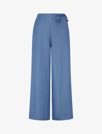Pantalon fluide uni à liens à nouer - Bleu - 1