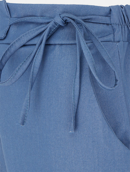 Pantalon fluide uni à liens à nouer - Bleu - 3