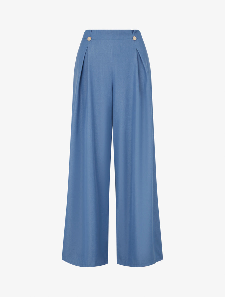 Pantalon fluide uni à pont - Bleu - 1