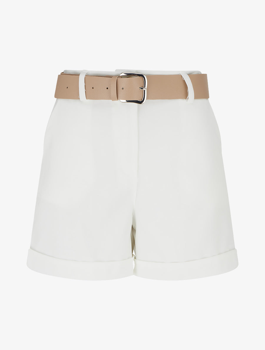 Short ceinturé uni à ourlet - Blanc - 1
