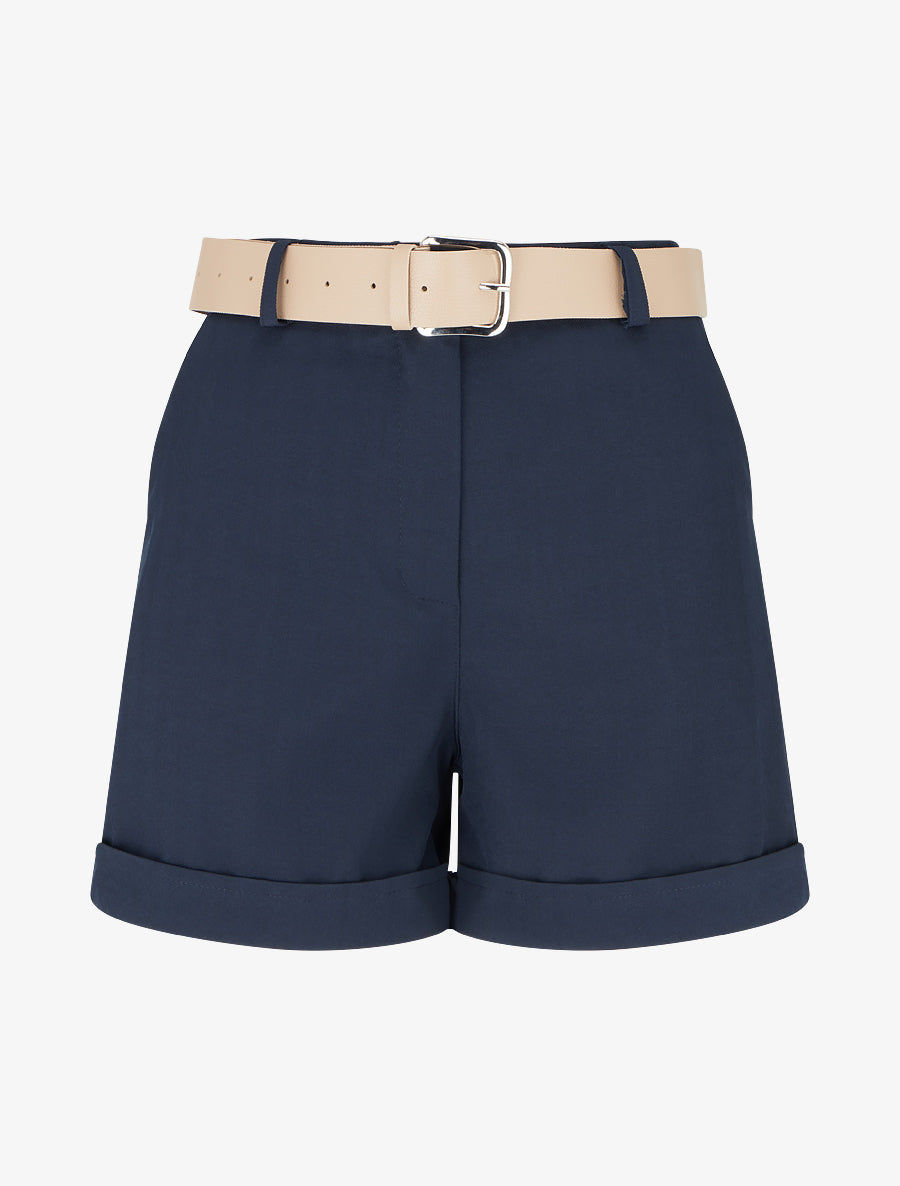 Short ceinturé uni à ourlet - Marine - 1
