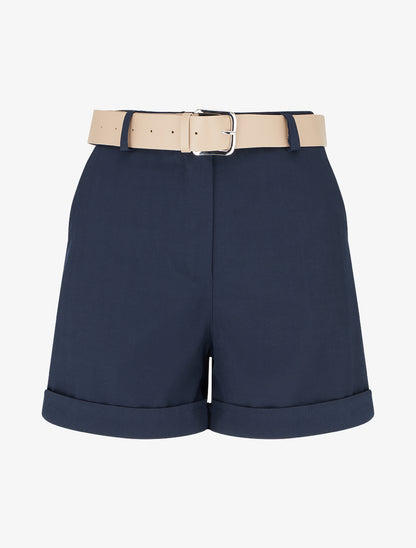 Short ceinturé uni à ourlet - Marine - 1