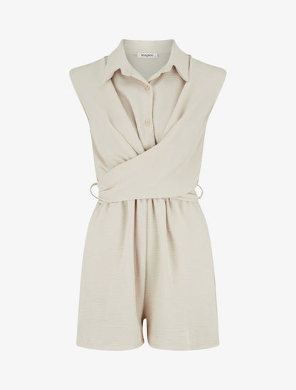 Combishort sans manches à pans croisés - Beige - 1