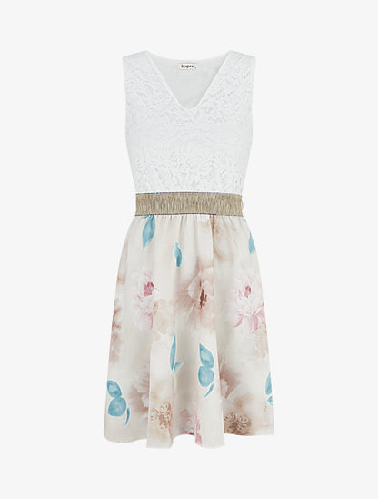 Robe mi-longue à dentelle et imprimé aquarelle - Beige - 1
