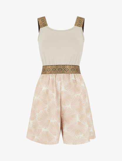 Combishort imprimé feuilles à bretelles fantaisies - Beige - 1