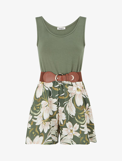 Combishort ceinturé à imprimé floral - Kaki - 1