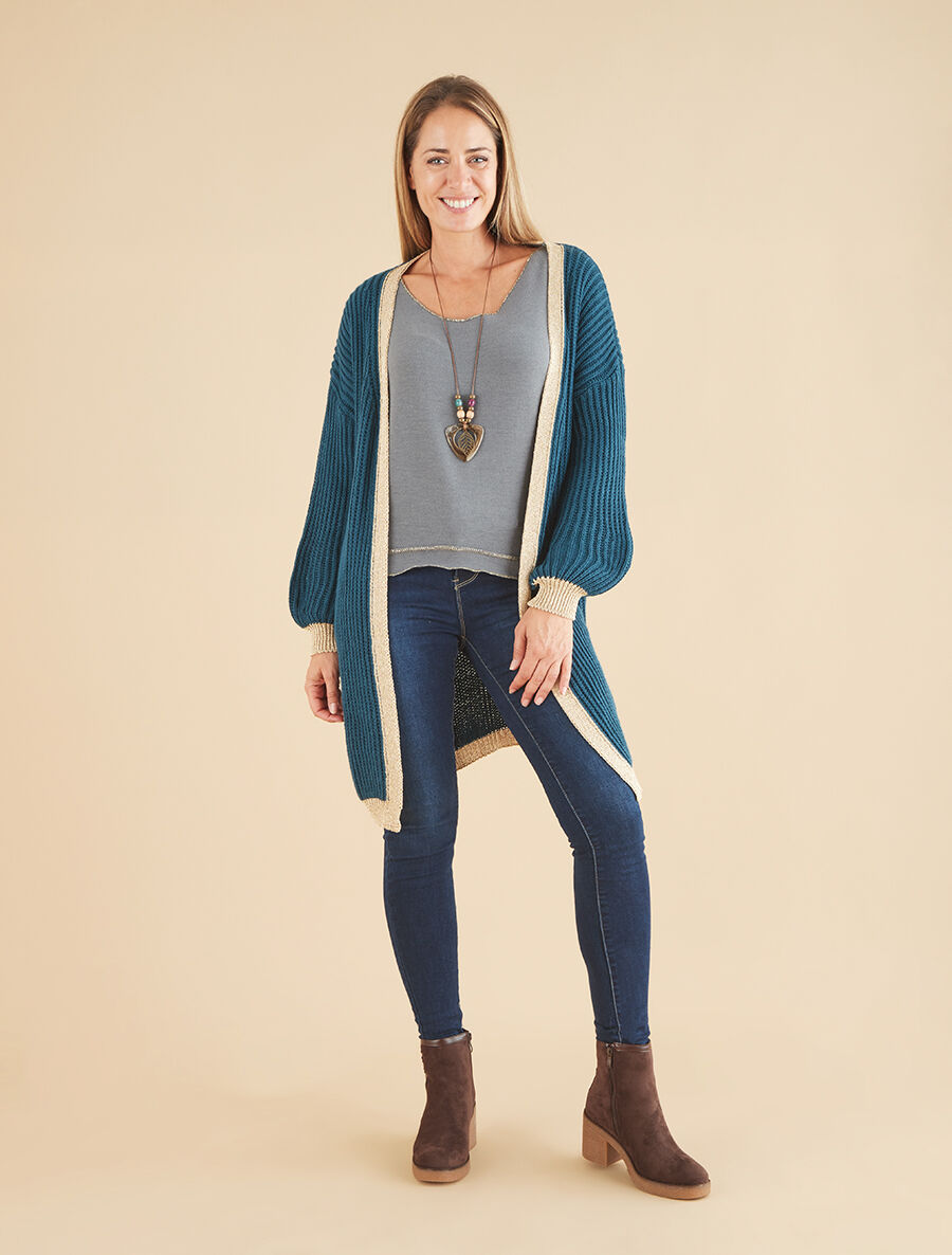 Gilet à bords lamés dorés - Bleu pétrole - 4