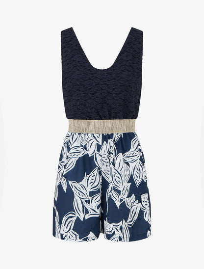 Combishort imprimé floral à buste en dentelle - Marine - 1
