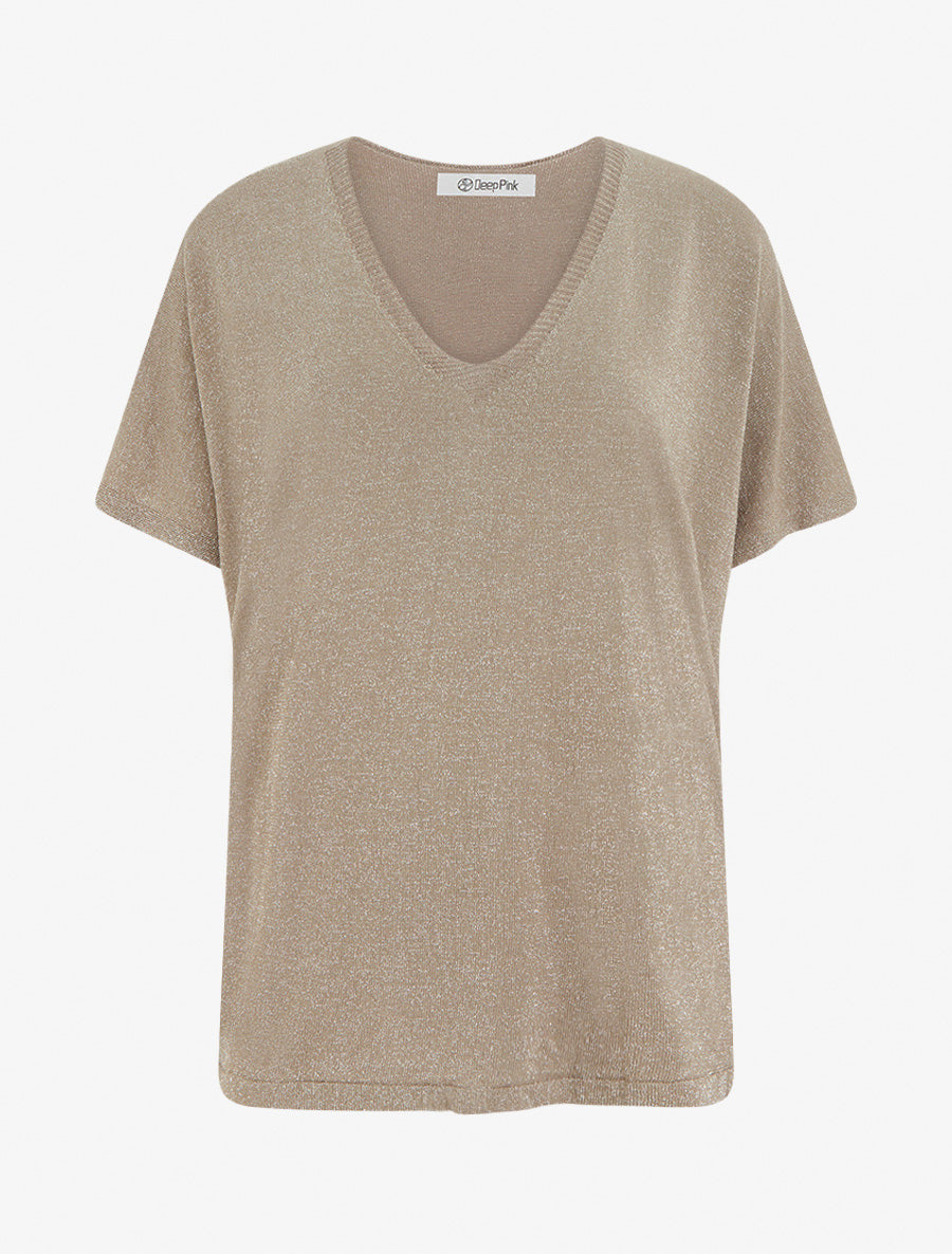 Top ample manches courtes en maille fine irisée - Taupe - 1
