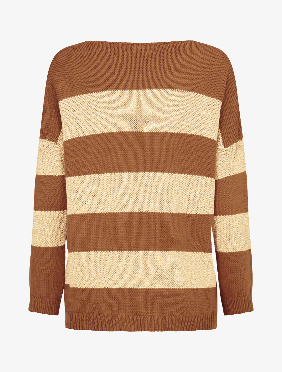 Pull en maille à bandes dorées - Camel - 2