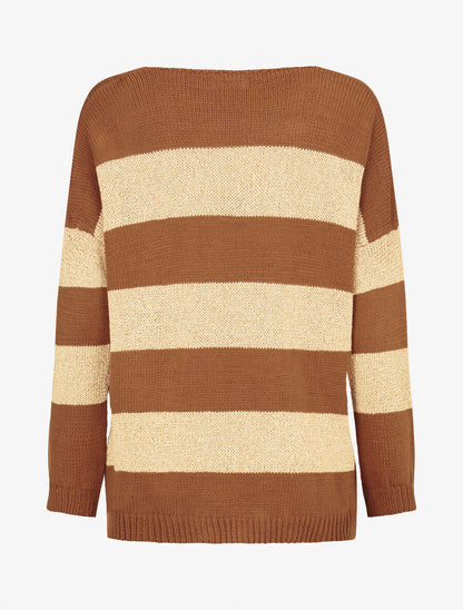 Pull en maille à bandes dorées - Camel - 2