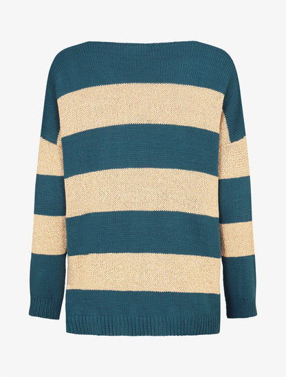 Pull en maille à bandes dorées - Bleu pétrole - 2