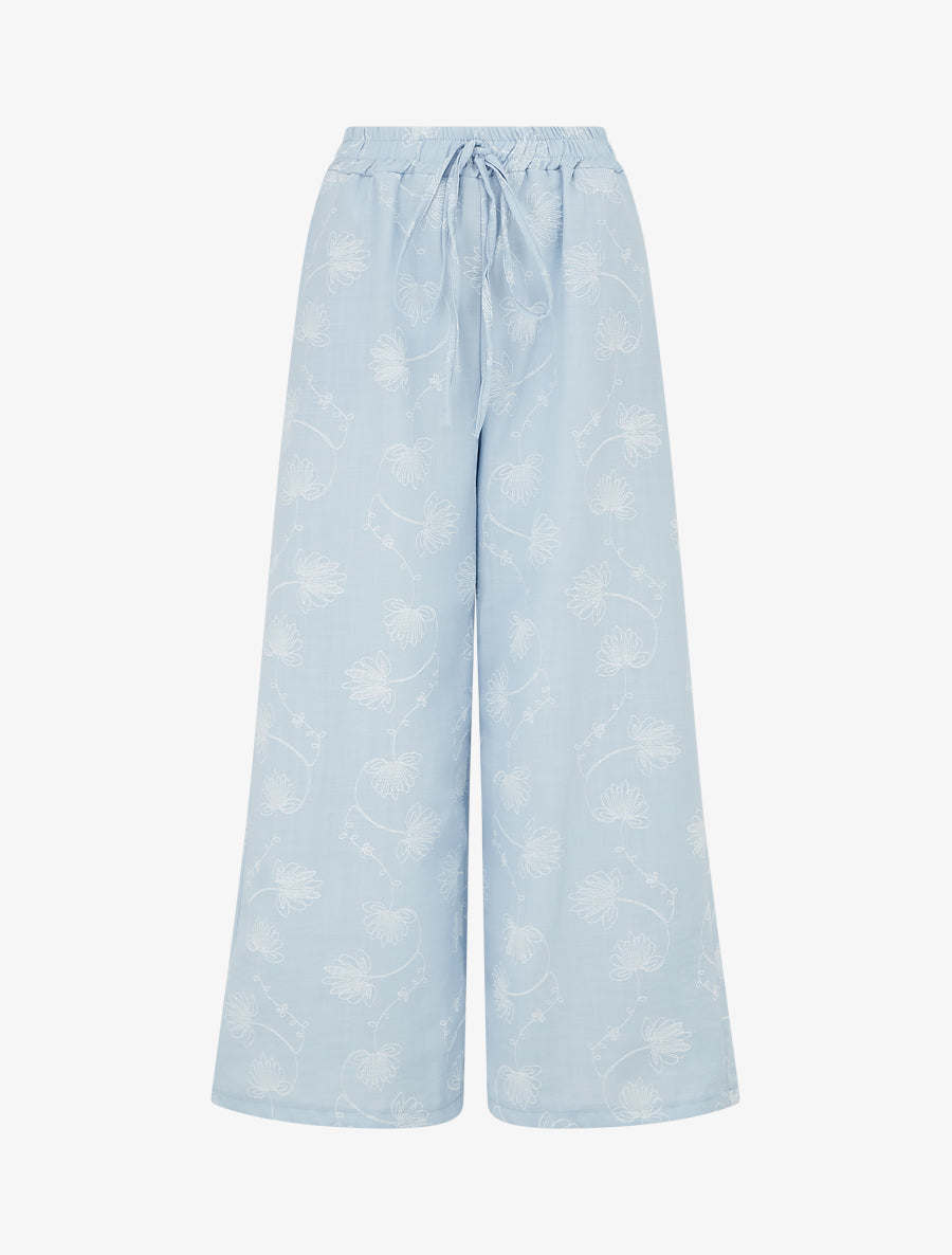 Pantalon en lin à broderie floral - Bleu ciel - 1