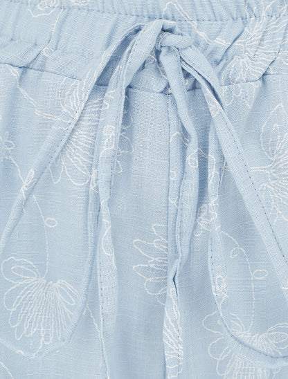 Pantalon en lin à broderie floral - Bleu ciel - 3