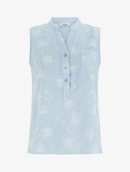 Top en lin boutonné à broderie floral - Bleu ciel - 1