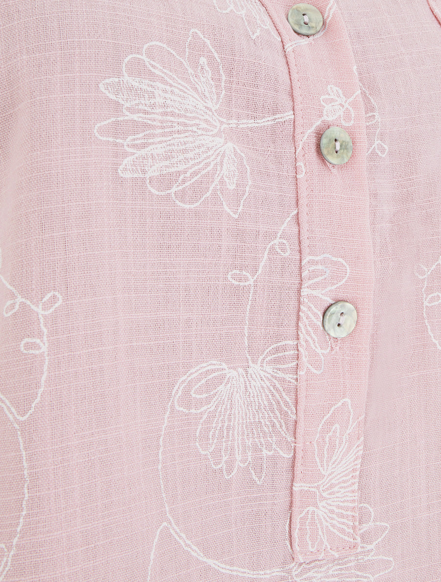Top en lin boutonné à broderie floral - Rose - 3