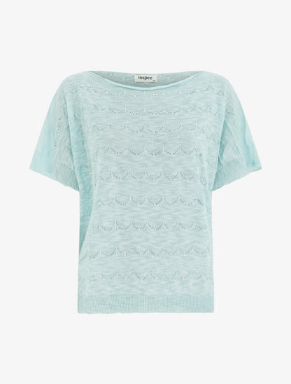 Top uni en maille ajourée à manches courtes - Turquoise - 1