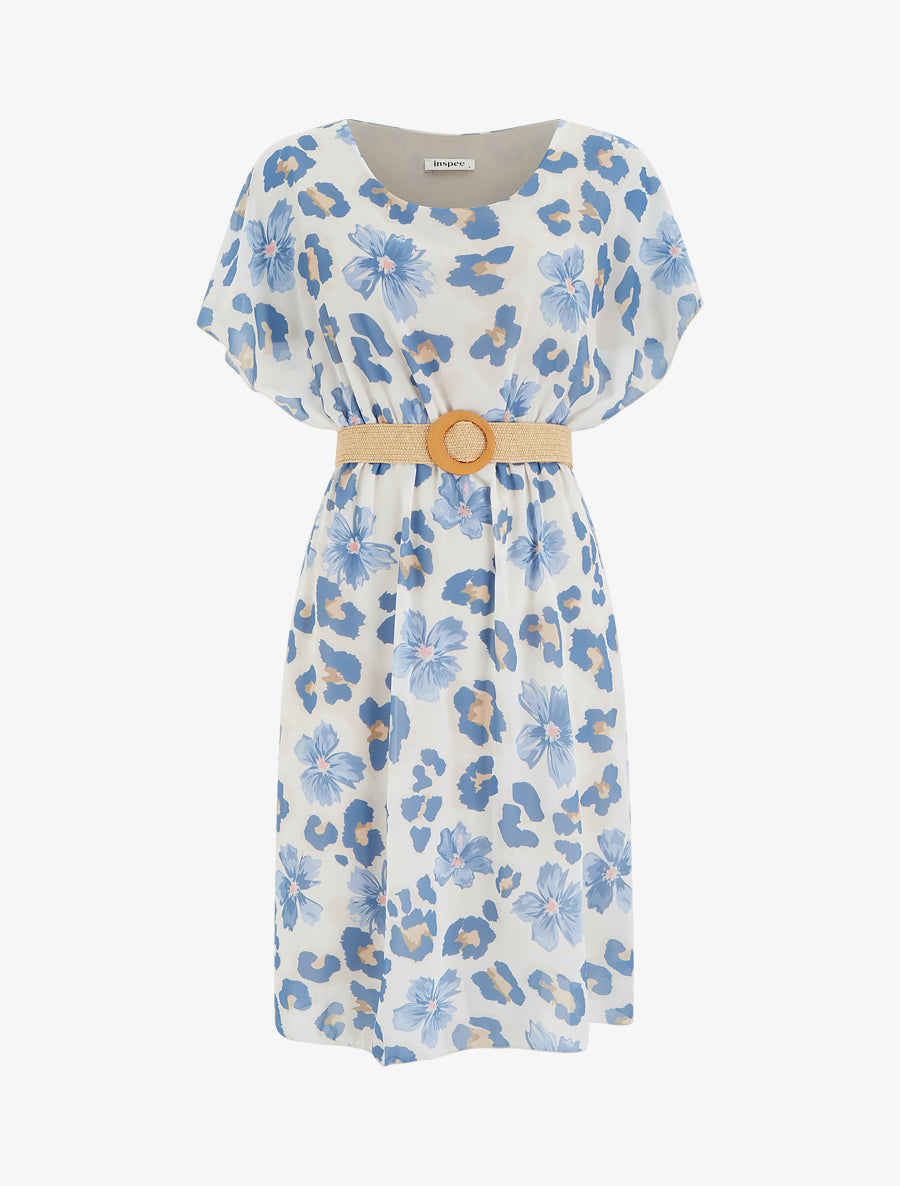 Robe mi-longue fleuri manches courtes - Bleu - 1
