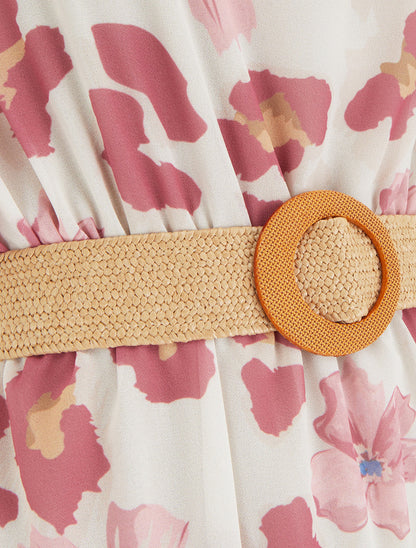 Robe mi-longue fleuri manches courtes - Rose - 3