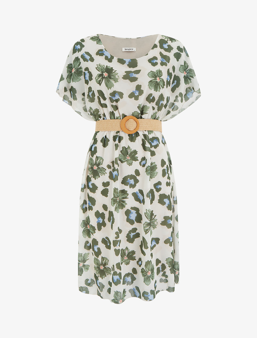 Robe mi-longue fleuri manches courtes - Kaki - 1