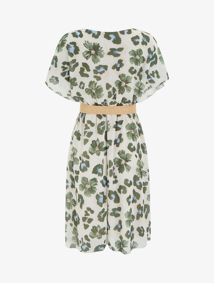 Robe mi-longue fleuri manches courtes - Kaki - 2