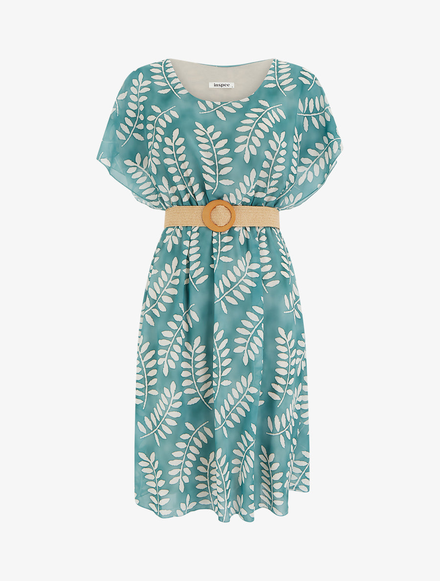 Robe mi-longue imprimé feuilles manches courtes - Vert d&