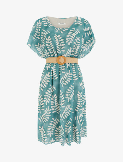 Robe mi-longue imprimé feuilles manches courtes - Vert d&