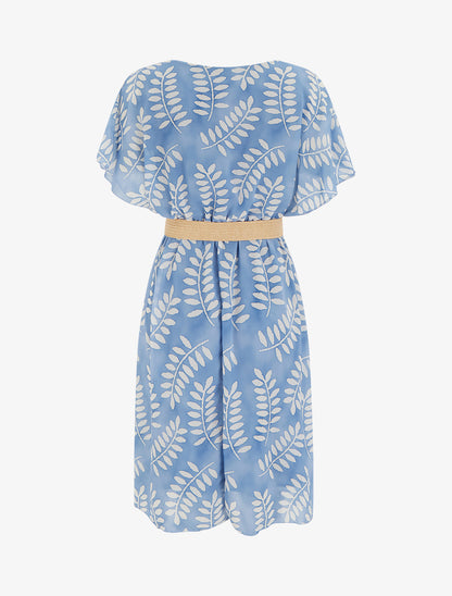 Robe mi-longue imprimé feuilles manches courtes - Bleu ciel - 2