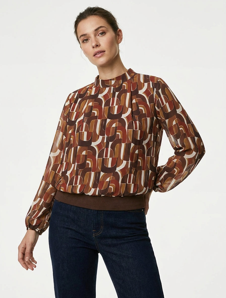 Retro-bedruckte Bluse mit elastischen Bündchen - Braun