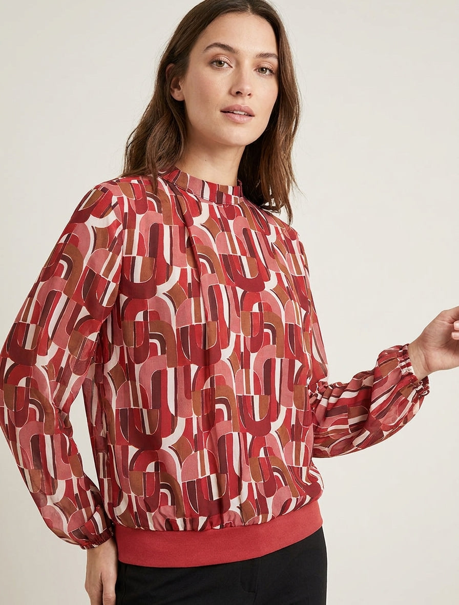 Retro-bedruckte Bluse mit elastischen Bündchen - Rot