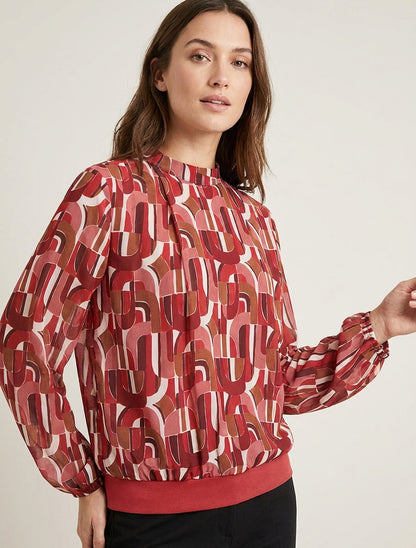 Retro-bedruckte Bluse mit elastischen Bündchen - Rot
