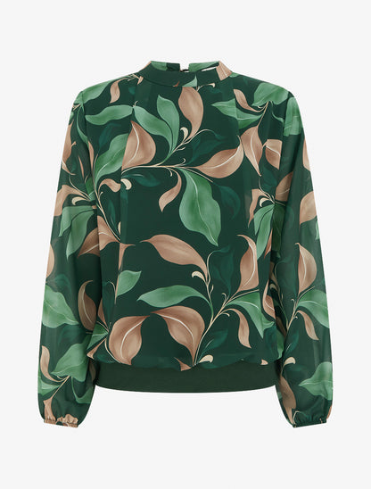 Blouse imprimé feuillage à poignets élastiqués - Vert sapin - 1