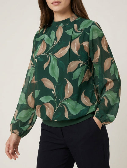 Bluse mit Blattdruck und elastischen Manschetten. - Tannengrün