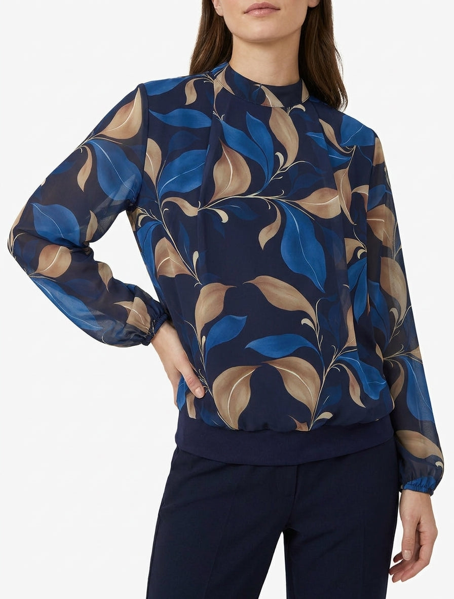 Bluse mit Blattdruck und elastischen Manschetten. - Marine