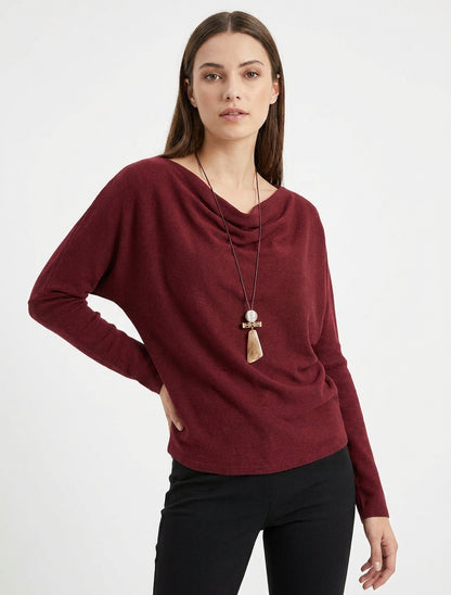 Feiner Pullover mit Fledermausärmeln und Wasserfallausschnitt - Bordeaux