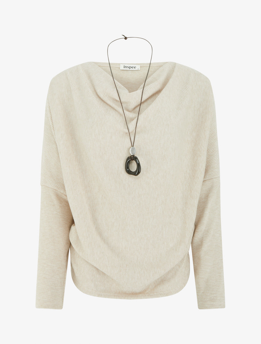 Pull côtelé à manches chauve-souris et col bénitier - Beige - 1