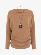 Pull côtelé à manches chauve-souris et col bénitier - Camel - 1