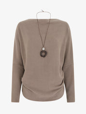 Pull côtelé à manches chauve-souris et col bénitier - Taupe - 1