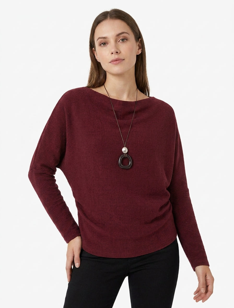 Gerippter Pullover mit Fledermausärmeln und Wasserfallausschnitt - Bordeaux
