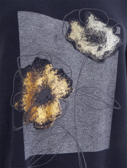 Pull à bords asymétriques et motif floral irisé - Marine - 3