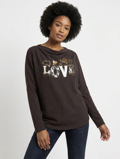 Pullover mit Wasserfallausschnitt und Aufschrift LOVE - Braun
