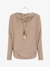 Pull à col bénitier en maille motif rayé - Camel - 1