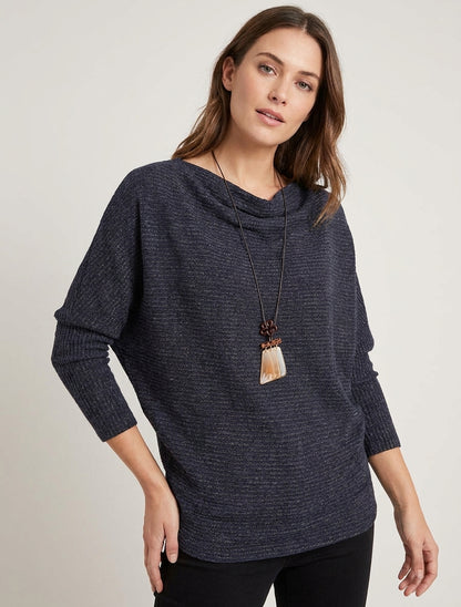 Strickpullover mit Wasserfallausschnitt und Streifenmuster - Marine