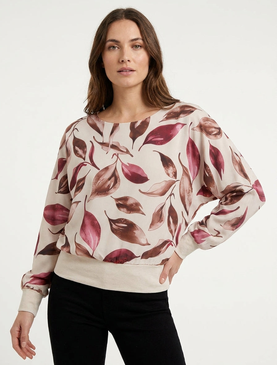 Top mit Blätterdruck und Fledermausärmeln - Beige