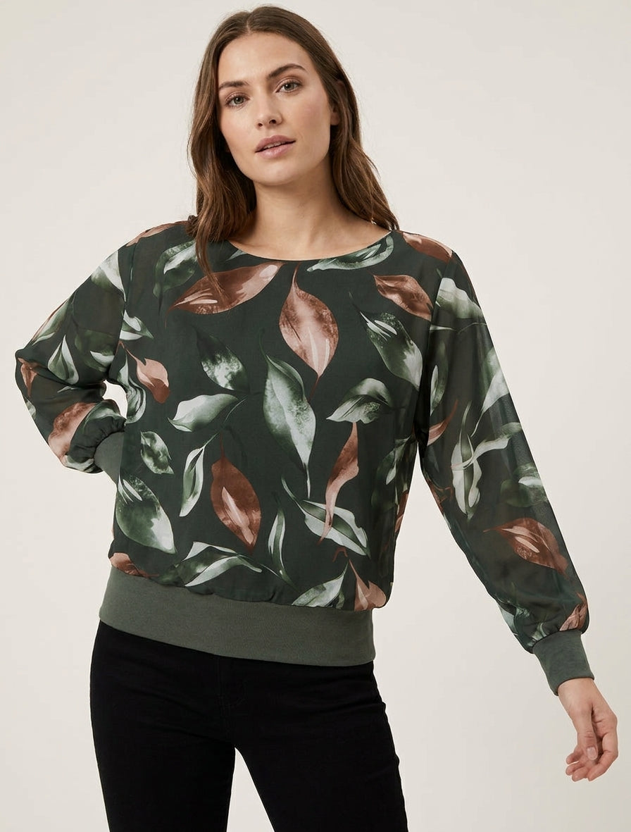 Top mit Blätterdruck und Fledermausärmeln - Dunkles Khaki