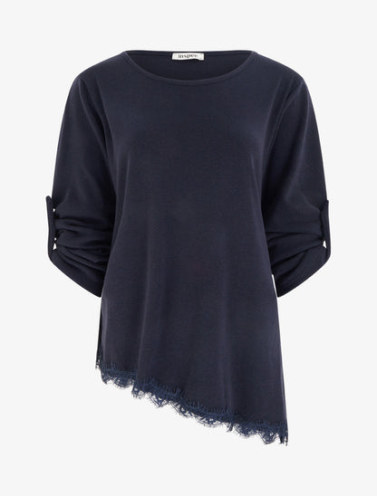 Pull à bords asymétriques et dentelle - Marine - 1