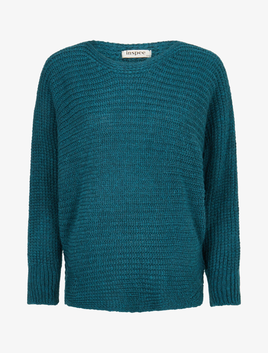 Pull dolman en grosse maille côtelée - Bleu lagon - 1